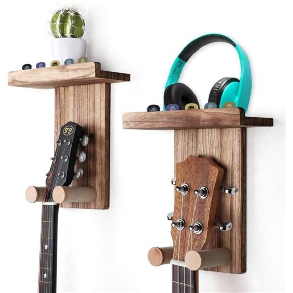 2-Pack Guitar Wall Mount Hanger with Shelf & Pick Holder - Wood Wall Hook - Picture 1 of 7